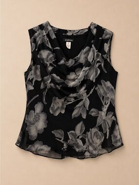 Oberon Black Gray Floral Sleeveless Drape Neck Blouse Size 12
